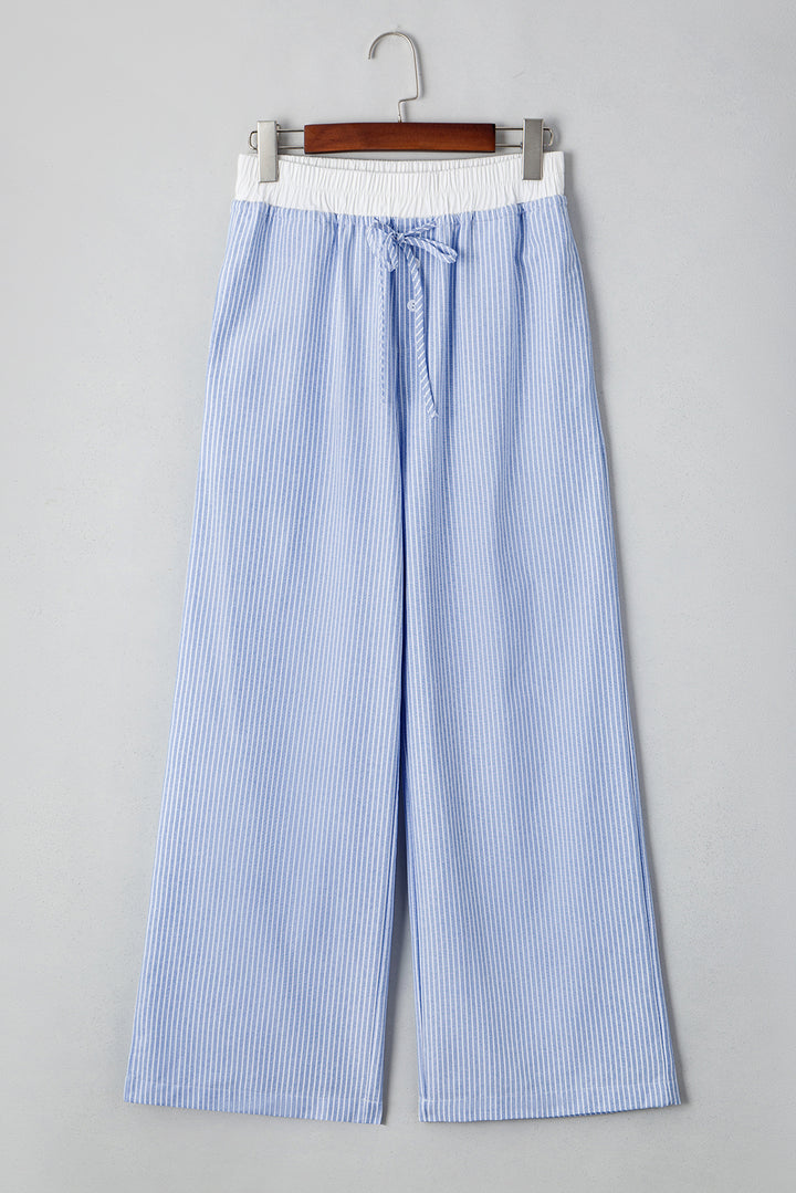 Sky Blue Stripe Wide Leg Buttoned Lace up Elastic High Waist Pants