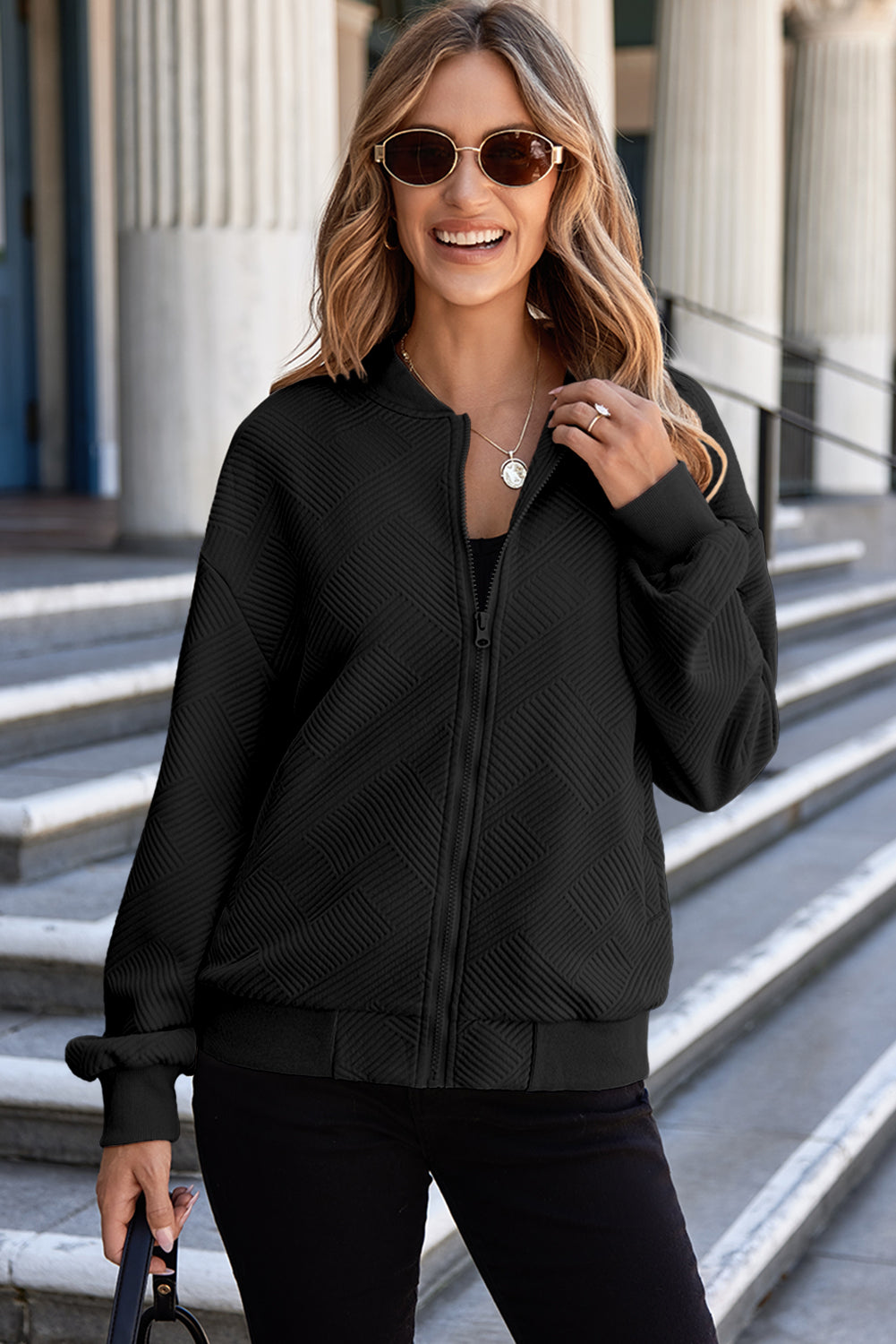 Black Solid Textured Stand Neck Zipper Bomber Jacket