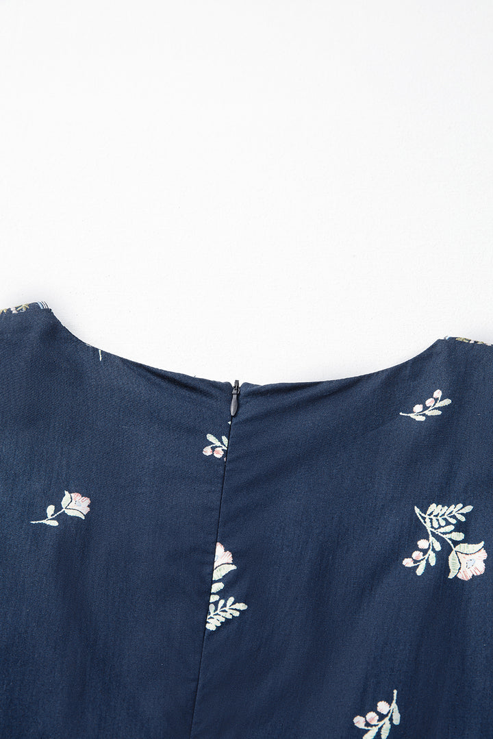 Blue Floral Embroidered Square Neck Puff Sleeve Ruffled Mini Dress