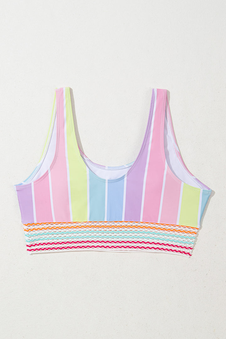 Pink Chevron Hollowed Trim 2pcs Rainbow Stripe Bikini Swimsuit