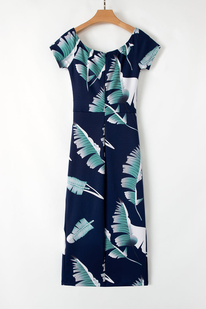 Blue Pattern Print Off Shoulder Slit Bodycon Midi Dress