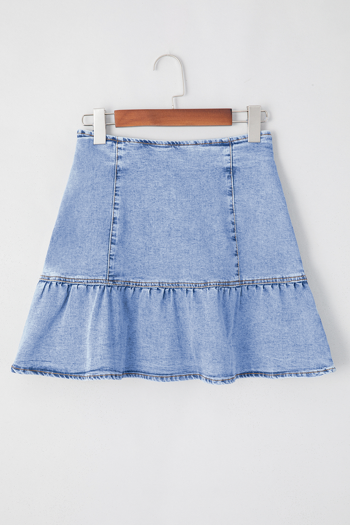 Beau Blue Asymmetric Ruffle Overlay Denim Mini Skirt