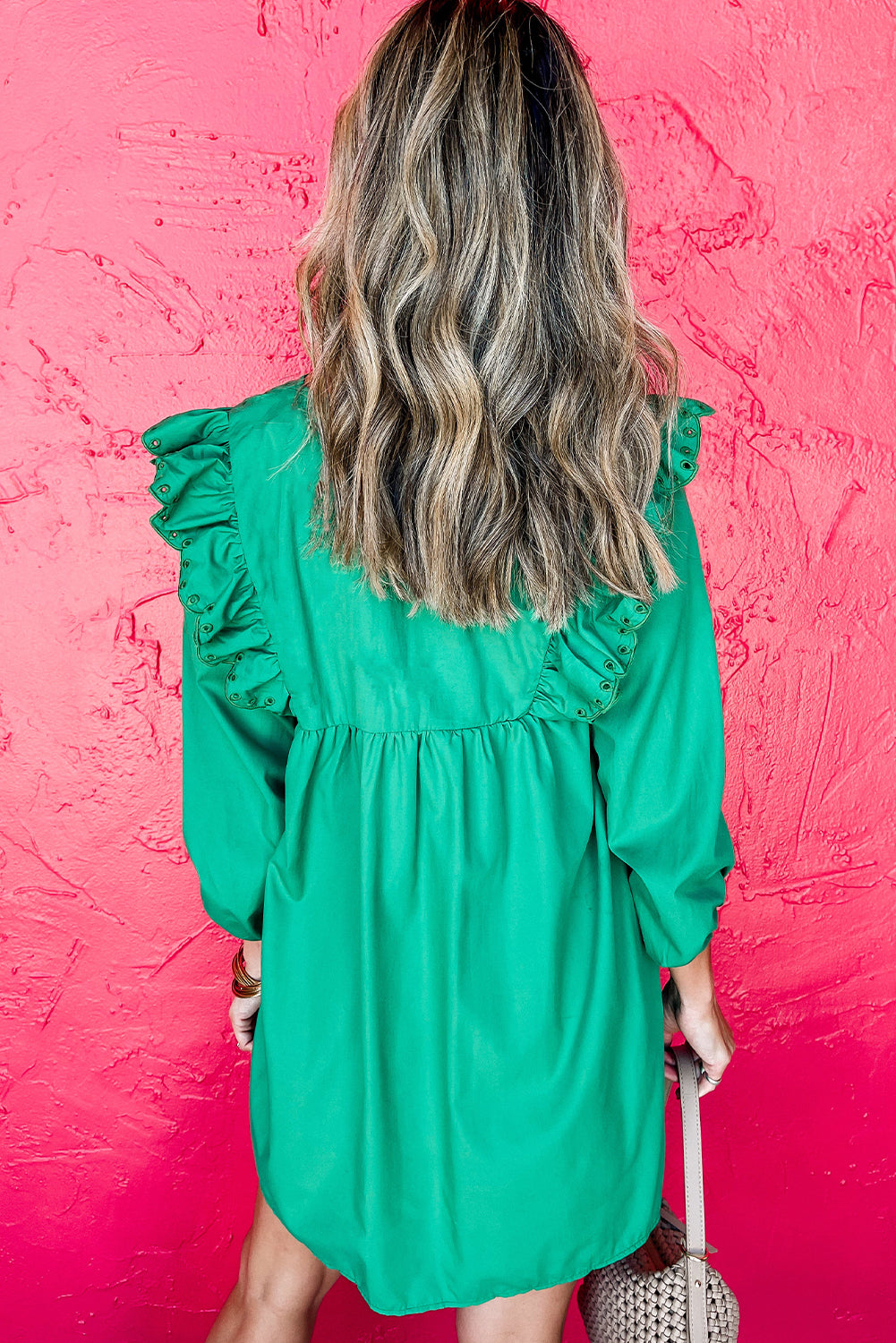 Bright Green Embroidered Ruffled Trim 3/4 Sleeve V Neck Mini Dress