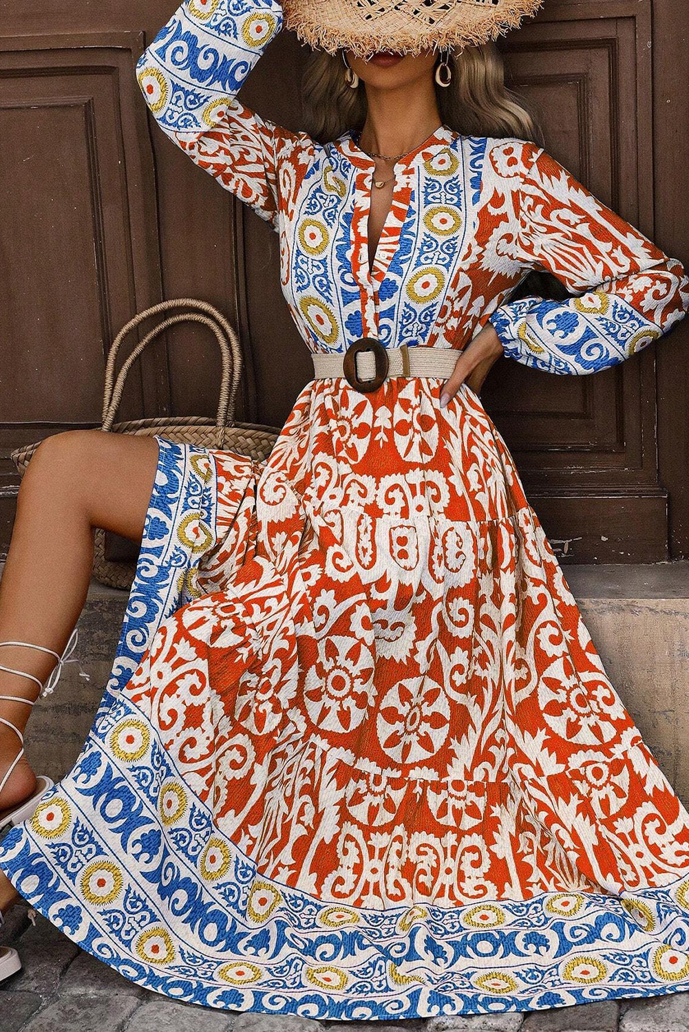 Orange Boho Geometric Printed Long Sleeve Maxi Dress