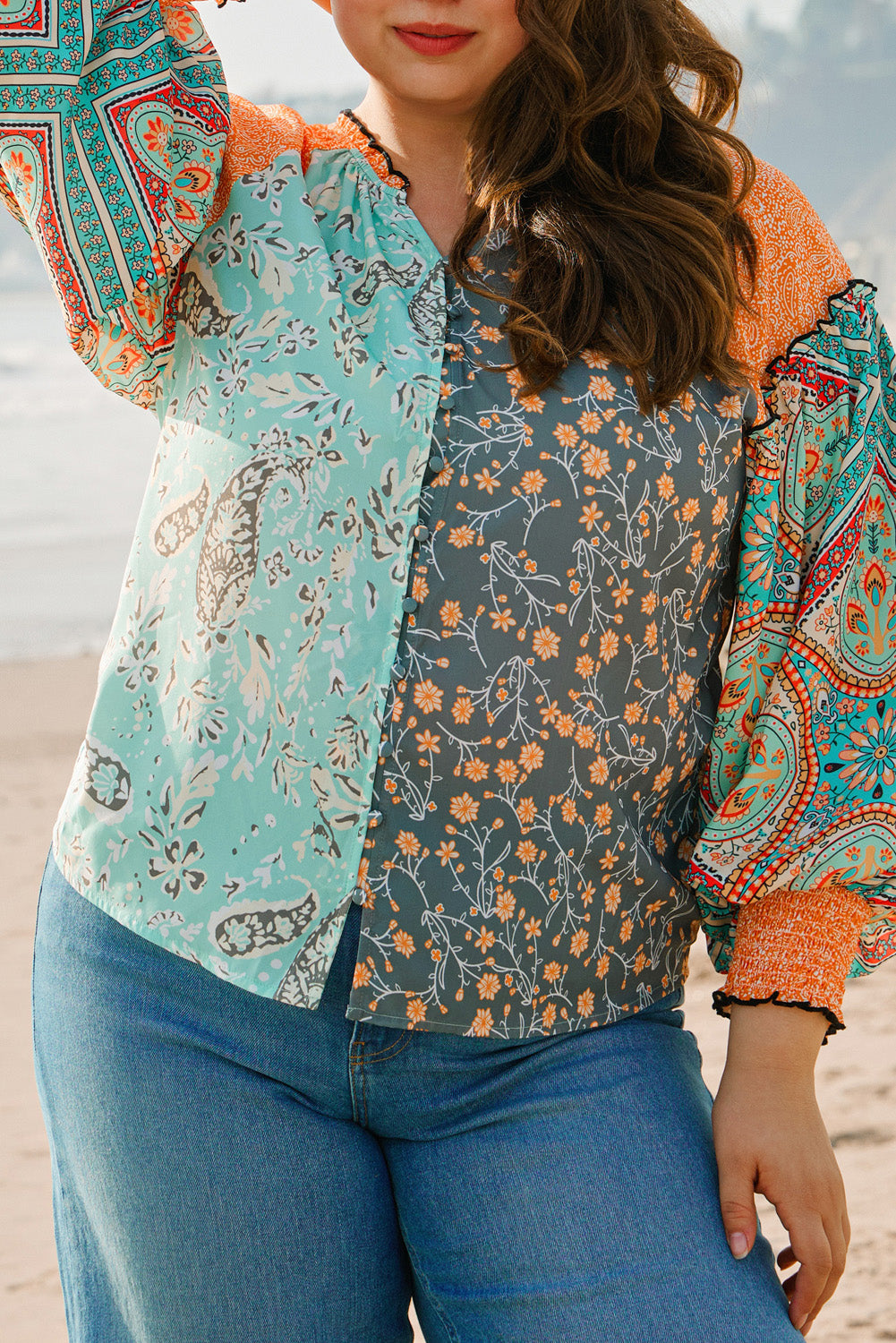 Green Floral Patchwork Lantern Sleeve Buttoned V Neck Plus Size Blouse