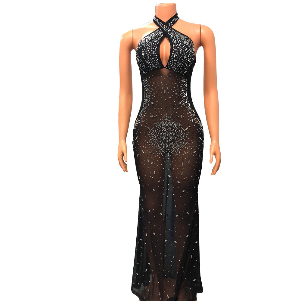 Women's Mesh See-through Rhinestone Dress