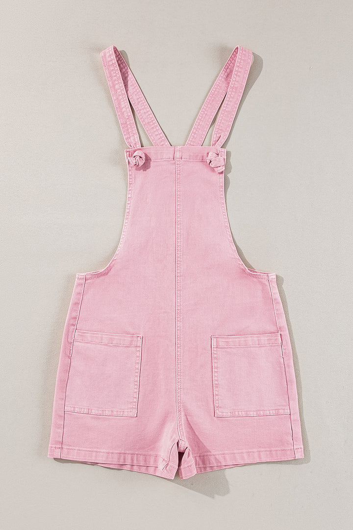 Pink Solid Color Knot Straps Denim Romper with Pockets