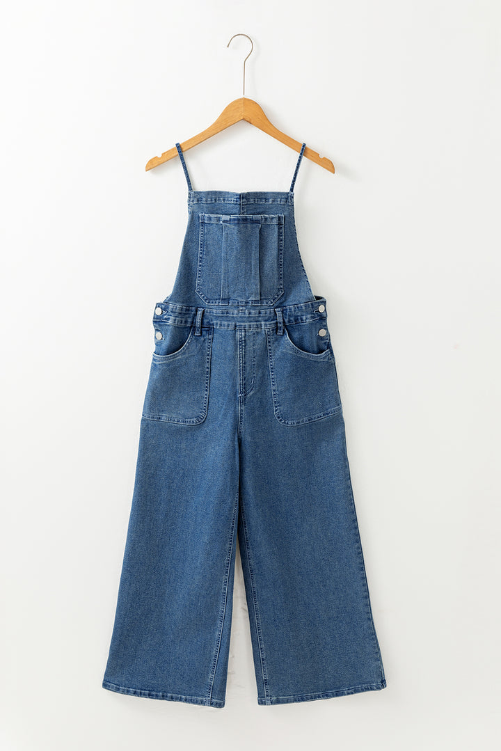 Dusk Blue Adjustable Tie Straps Cropped Wide Leg Denim Overalls