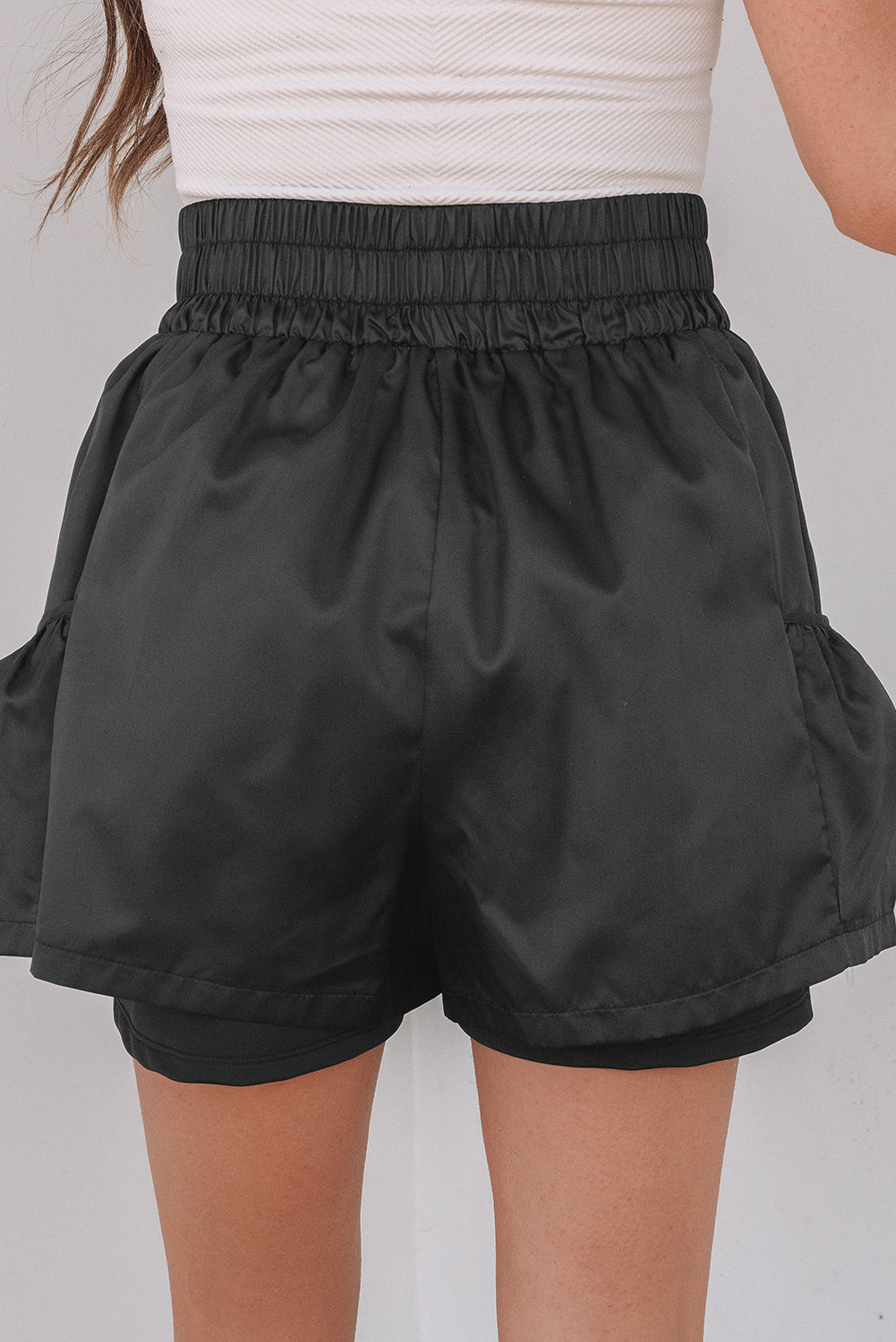 Black Elastic High Waist Pocketed Casual Shorts