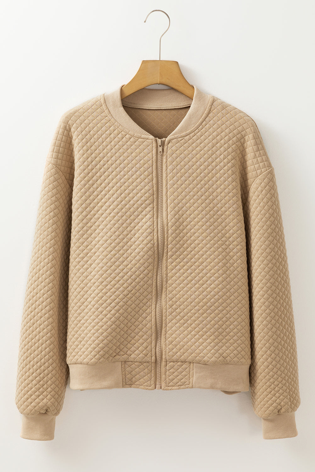 Pale Khaki Solid Geometric Textured Baseball Collar Jacket