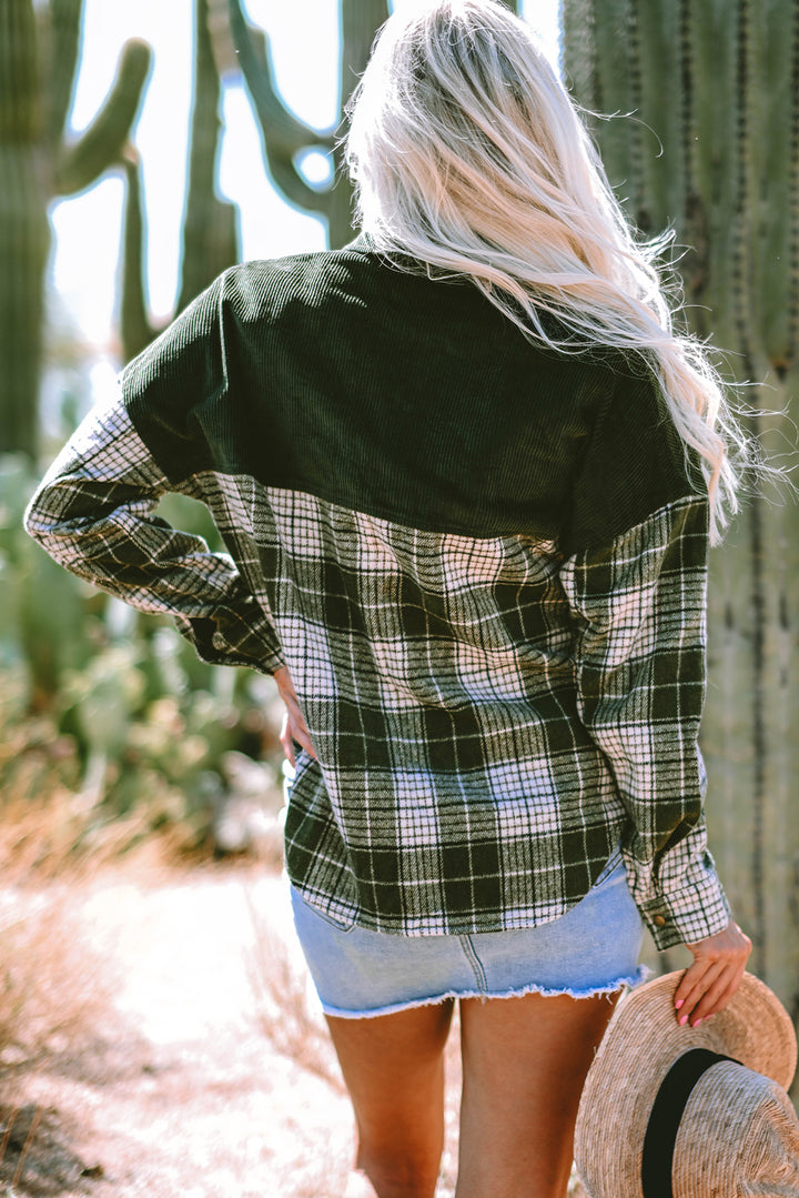 Blackish Green Snap Buttons Colorblock Plaid Shacket