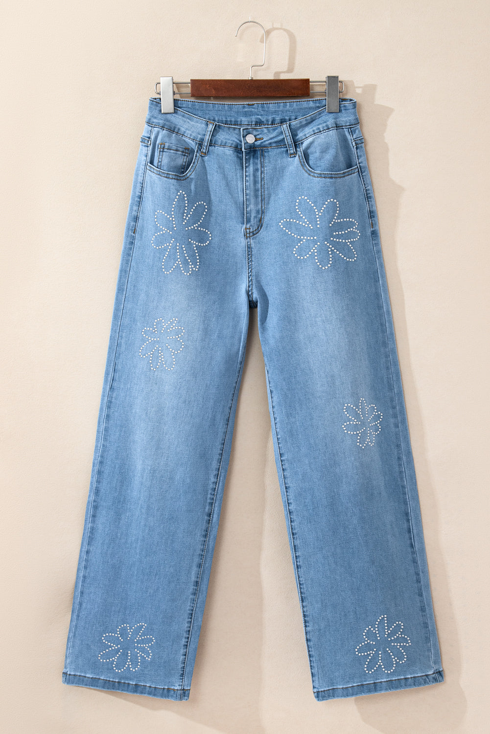 Light Blue Floral Rhinestone Decor High Rise Wide Leg Jeans