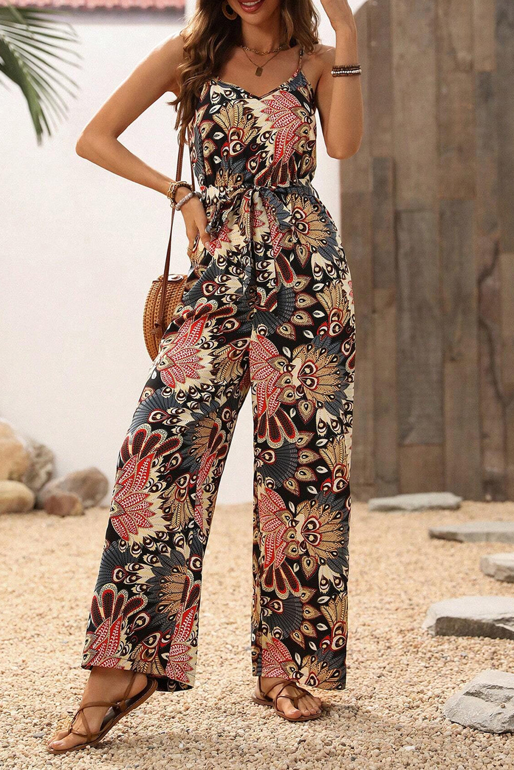 Black Floral Print Belted Sleeveless Wide Leg Jumpsuit