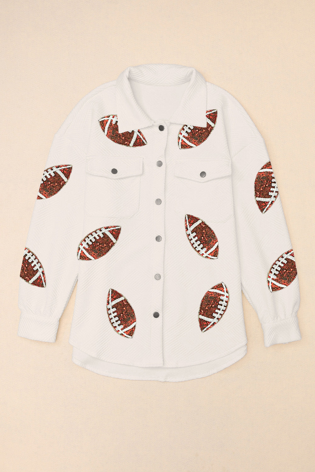 Beige Bubble Gum Texture Sequined Rugby Football Shacket