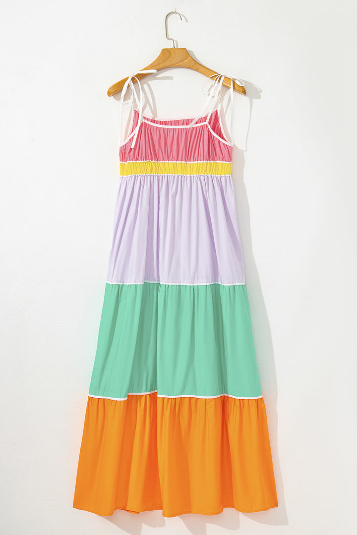 Multicolour Colorblock Self-tie Straps High Waist Flowy Maxi Dress with Pockets