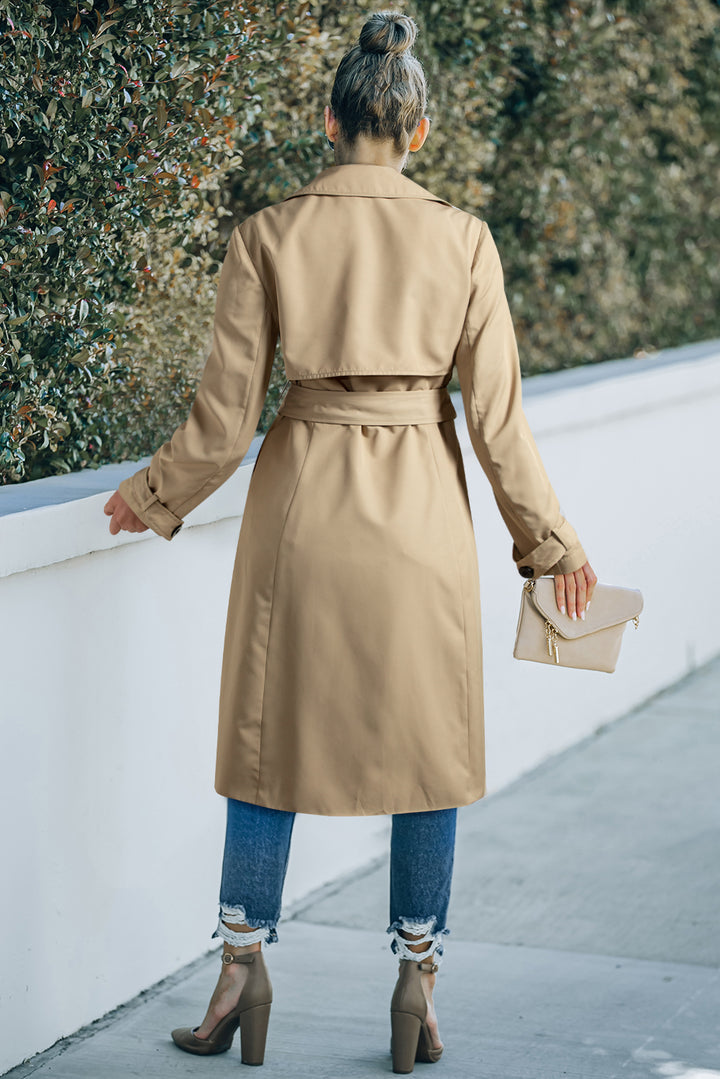 Pale Khaki Solid Color Lapel Collar Waist Tie Wind Coat