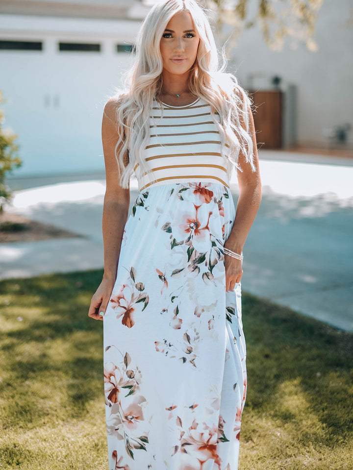 White Striped Floral Print Sleeveless Maxi Dress with Pocket