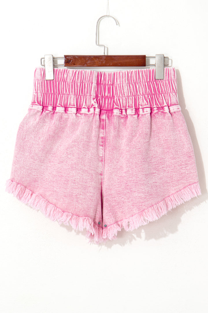 Pink Washed Wide Smocked Waistband Frayed Denim Shorts