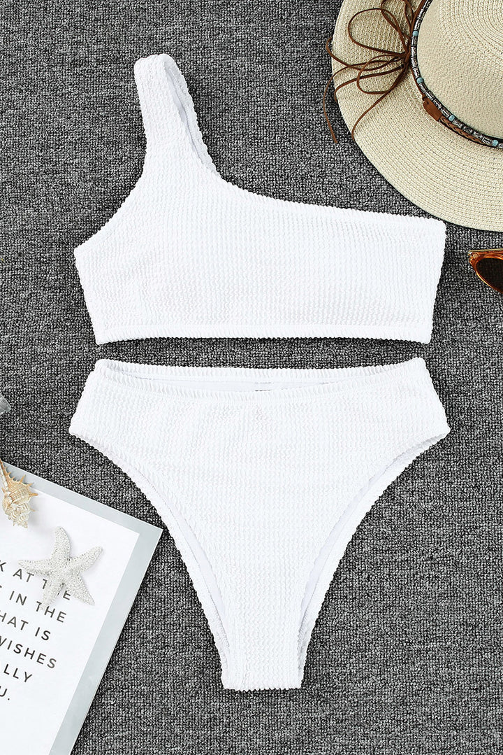 White Crinkle Textured Asymmetric One Shoulder Bikini Swimsuit