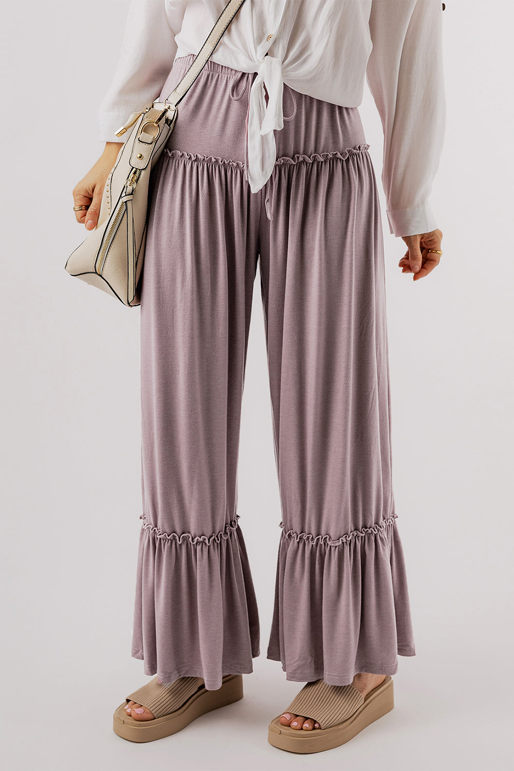 Khaki Frilled Drawstring High Waist Wide Leg Pants