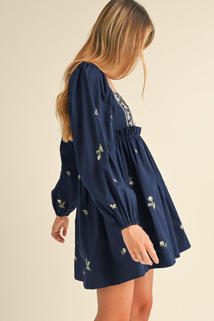 Blue Floral Embroidered Square Neck Puff Sleeve Ruffled Mini Dress