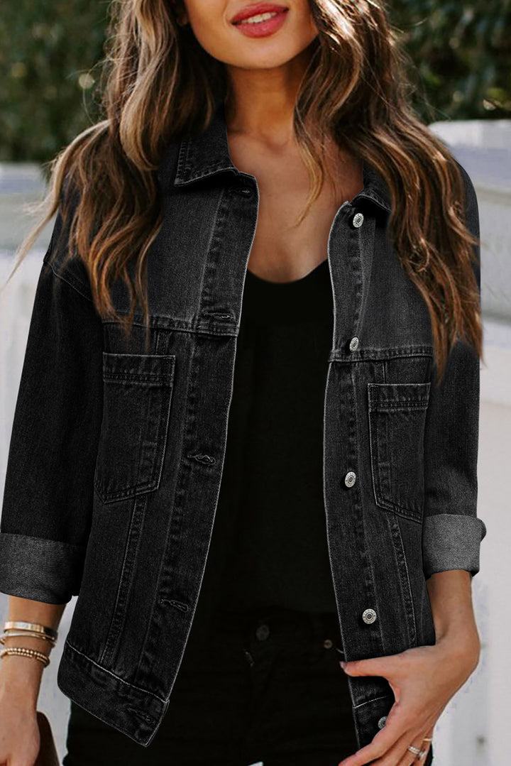 Black Washed Oversize Pocketed Denim Jacket