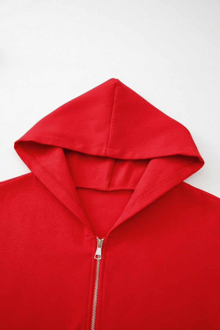 Fiery Red Solid Color Casual Zip up Hooded Coat