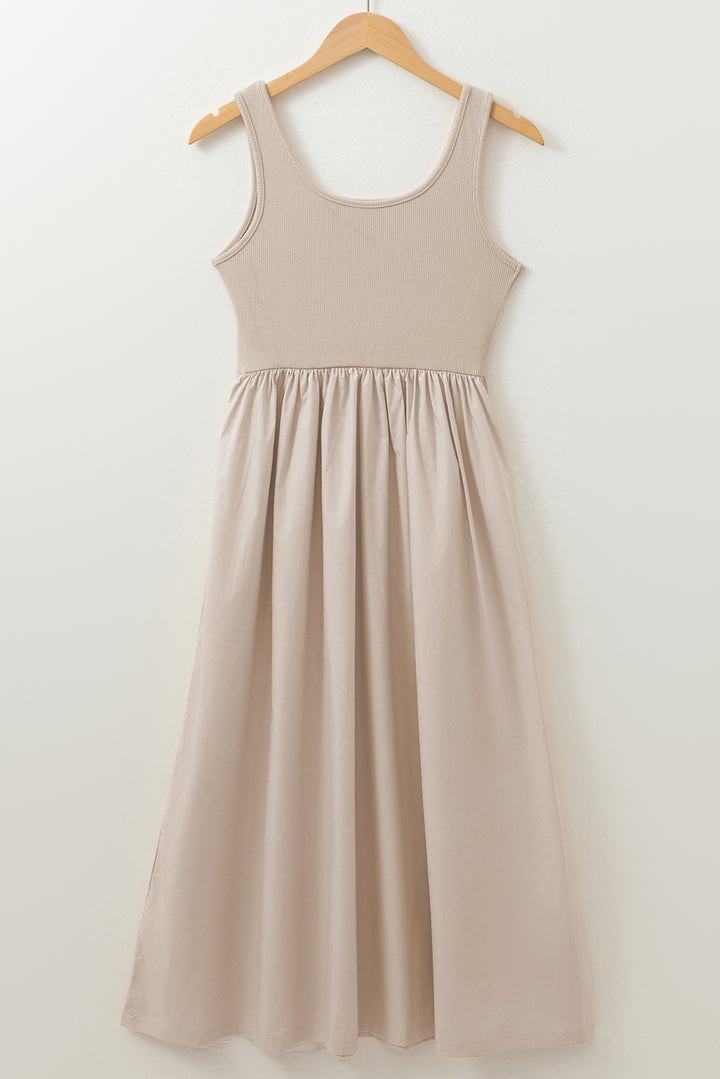 Beige Scoop Neck Ribbed Bodice Pleated Sleeveless Long Dress