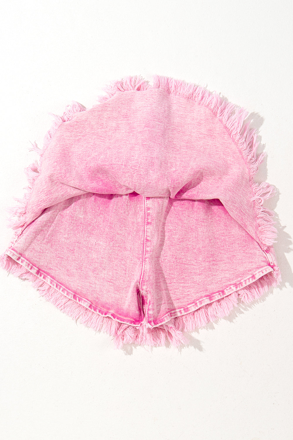 Pink Washed Wide Smocked Waistband Frayed Denim Shorts