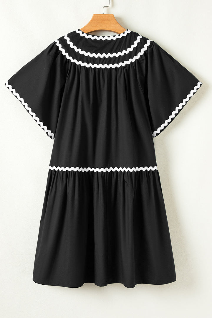 Black Contrast Ricrac Trim Short Sleeve V Neck Loose Mini Dress