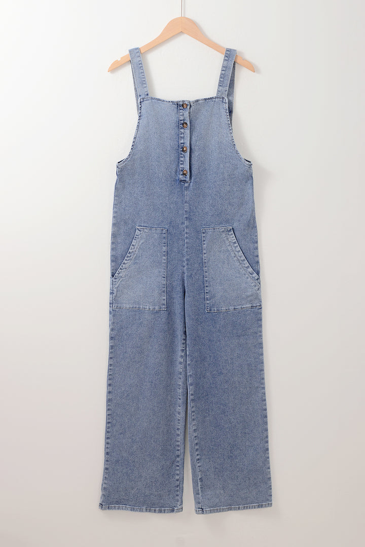 Stone Blue Washed Denim Half Buttons Patched Pocket Wide Leg Overalls