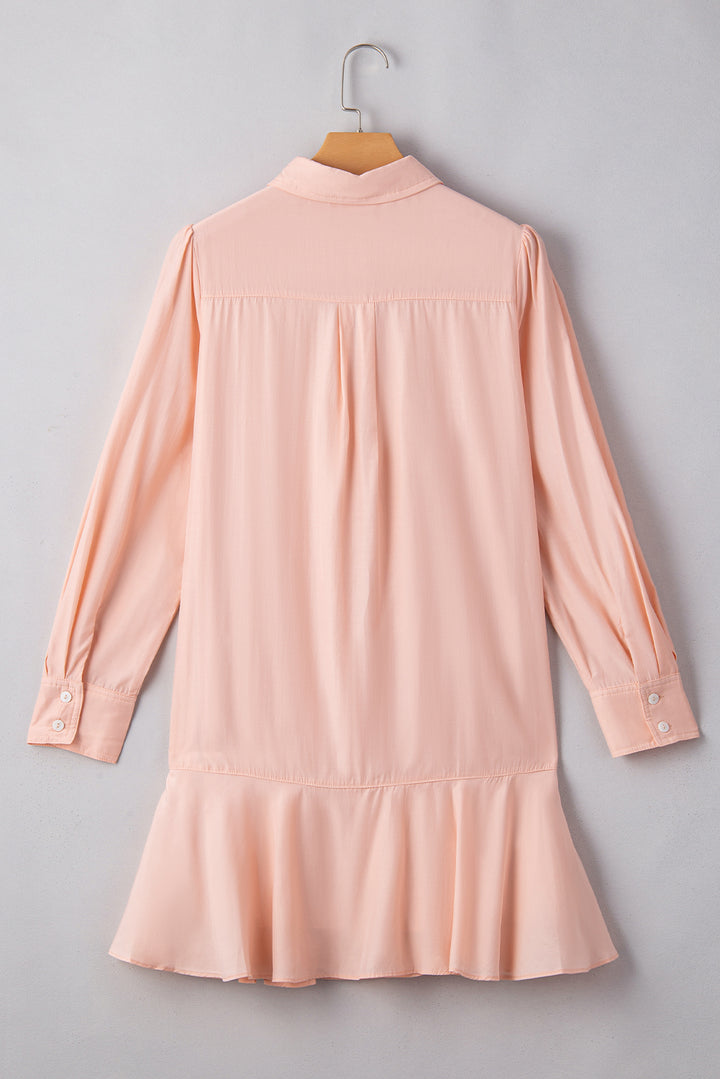 Delicacy Solid Color Flounce Hem Buttoned Turn Down Collar Dress