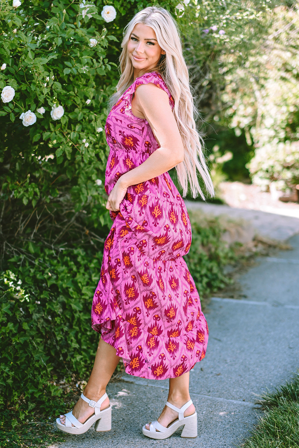 Bonbon Retro Print Twisted Front Ruffled Sleeve Maxi Dress