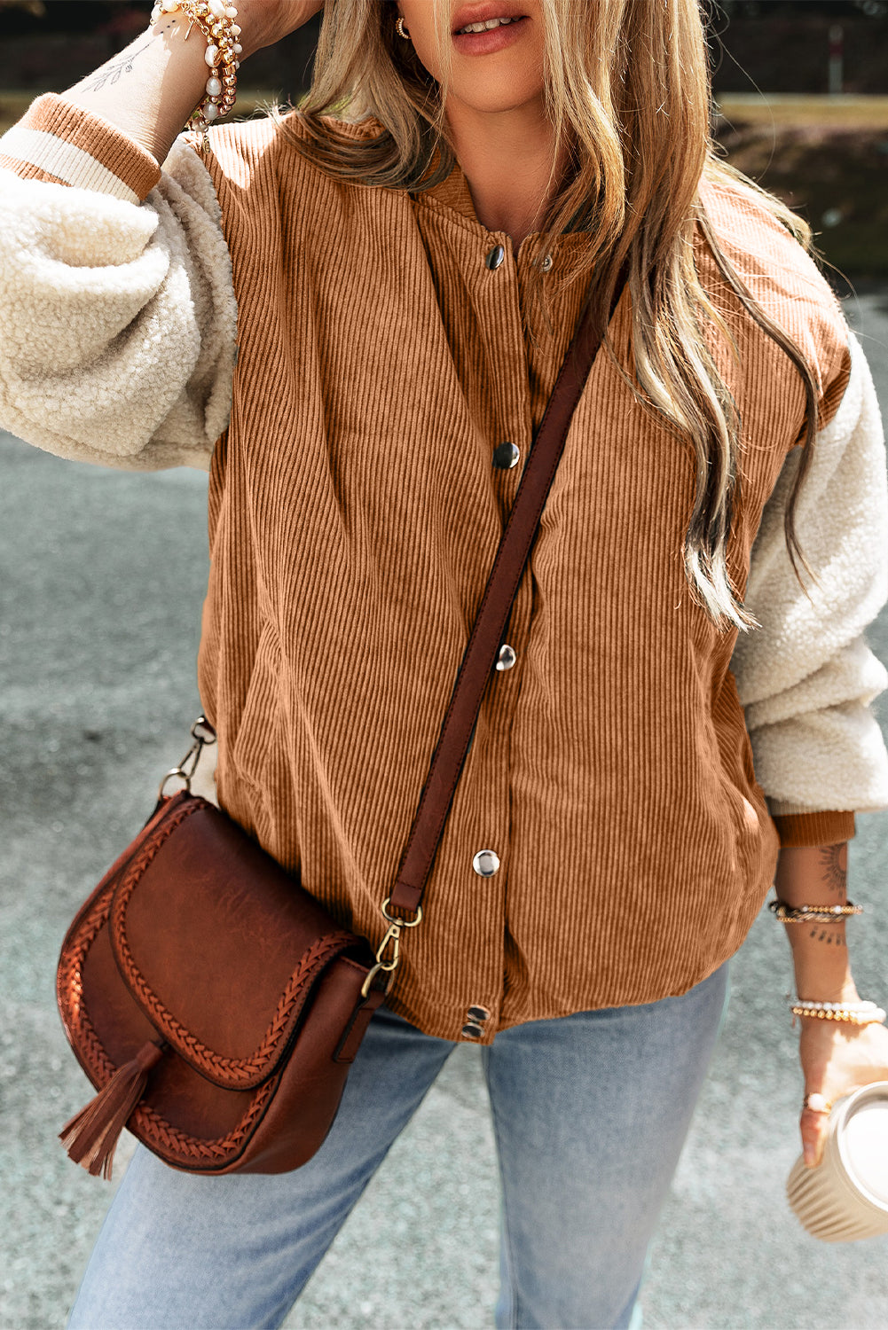 Buckskin Corduroy Fleece Patchwork Buttoned Bomber Jacket