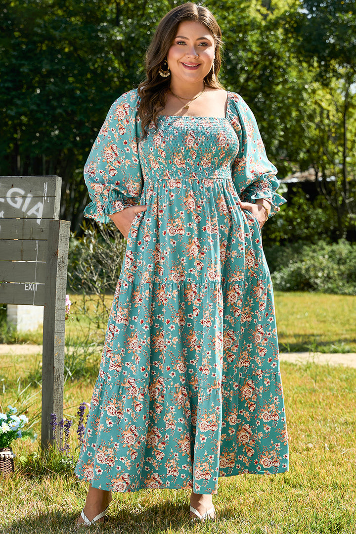 Green Plus Size Floral Print Square Neck Smocked Maxi Dress