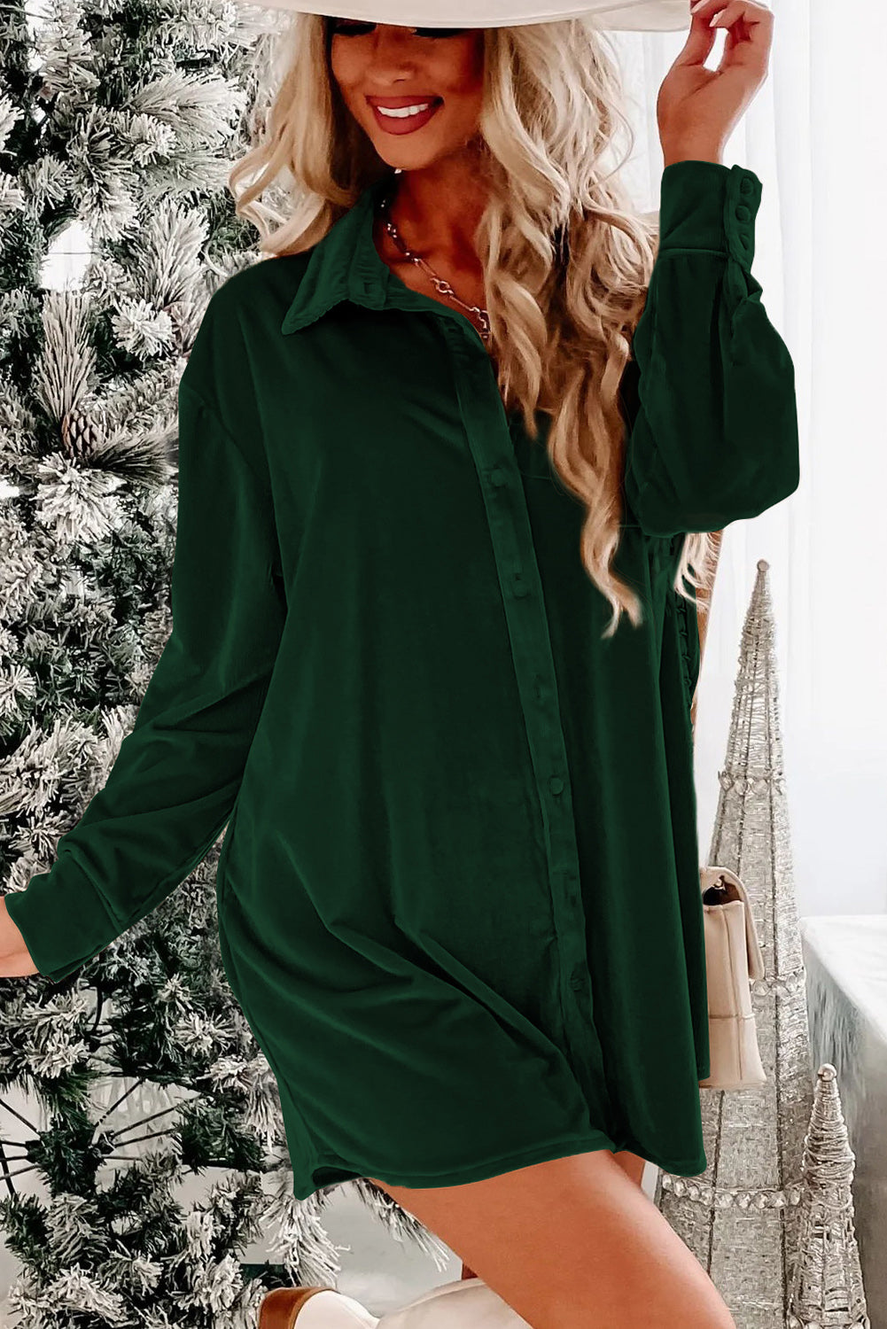 Blackish Green Velvet Button Front Shirt Mini Dress