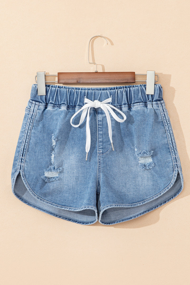 Myosotis Drawstring High Waist Distressed Denim Shorts