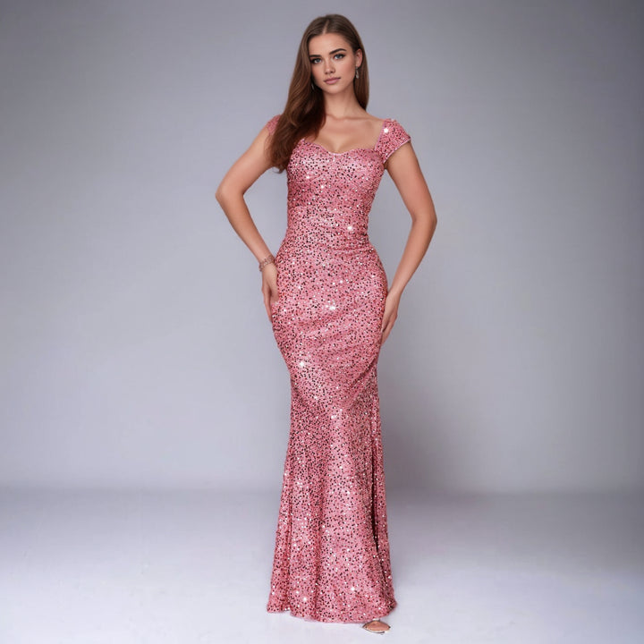 Solid Color And V-neck Sequin Sling High Waist Evening Dress