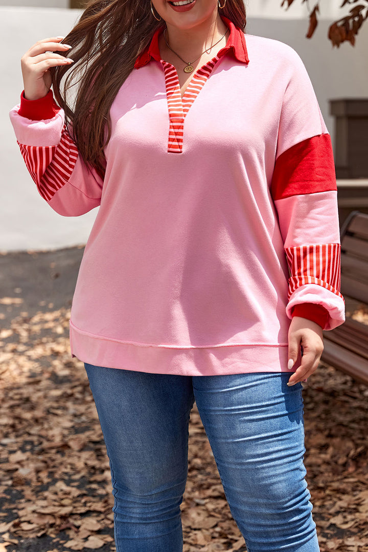 Rose Striped Patchwork Side Split Collared Plus Size Sweatshirt