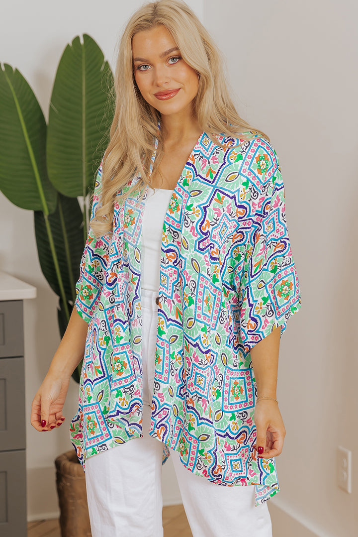 White Boho Floral Printed Rhinestone 3/4 Sleeve Open Front Kimono