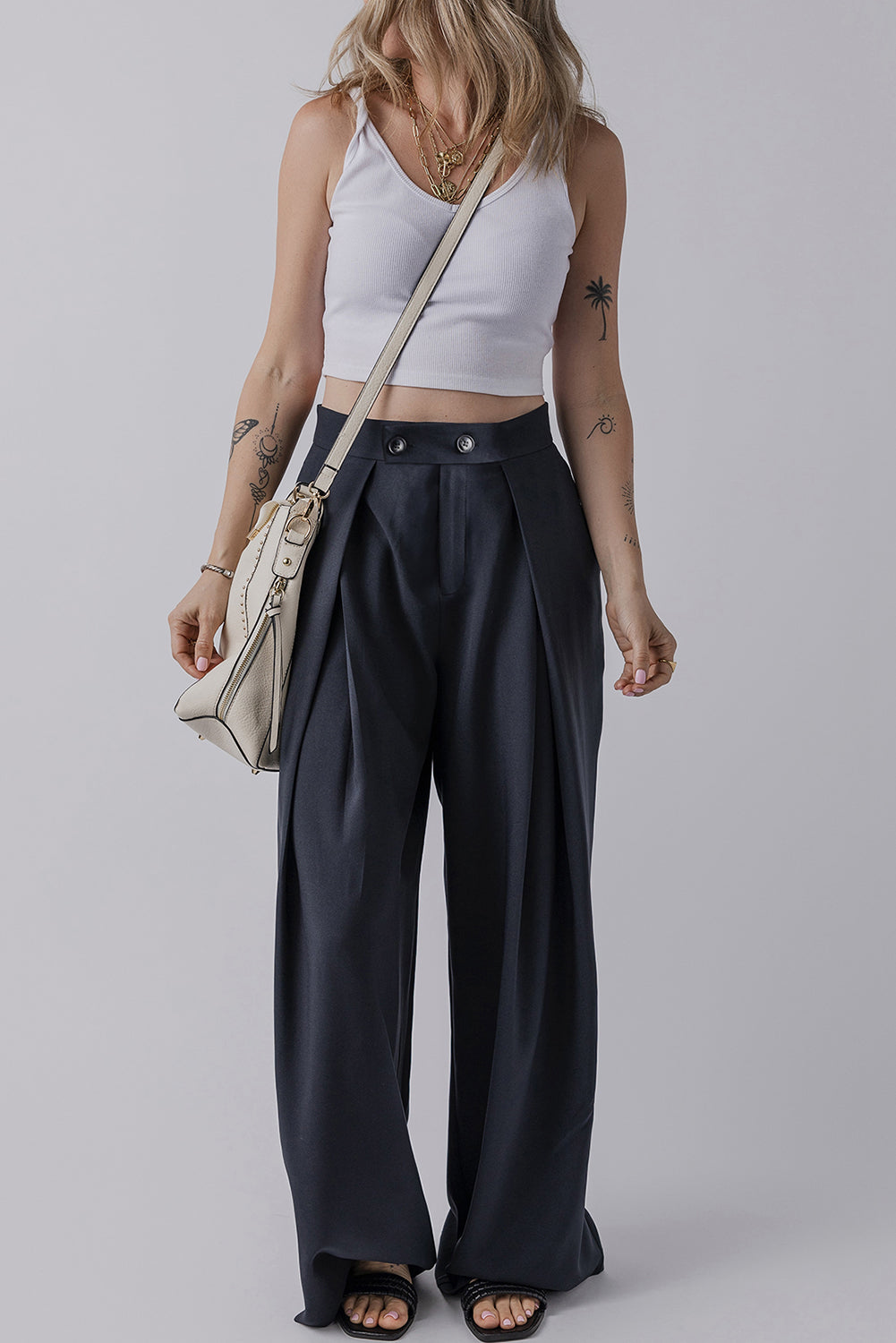 Dirty blue Dual Buttoned High Waist Pleated Wide Leg Pants