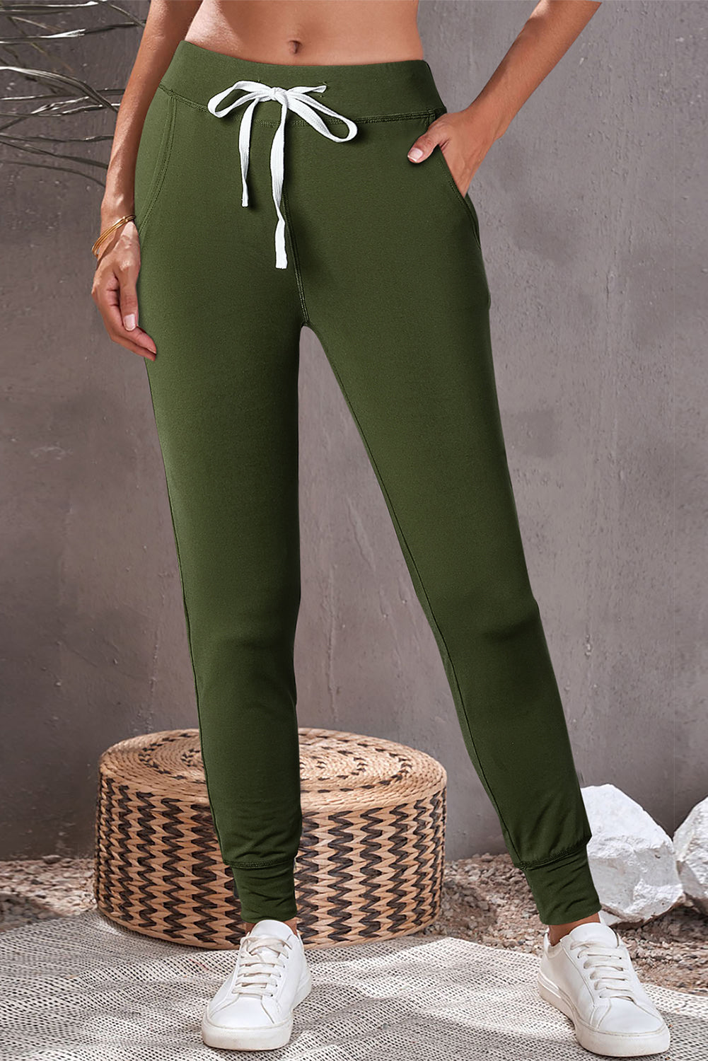 Moss Green Drawstring Waist Pocketed Joggers