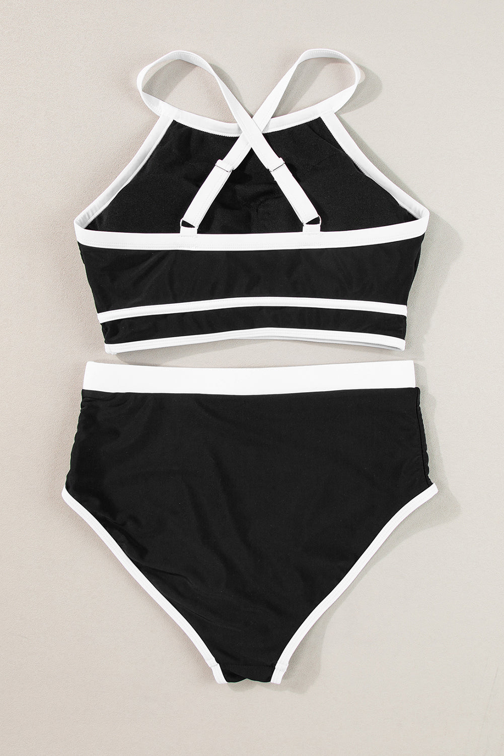 Black Contrast Trim Crisscross Back High Waisted Bikini