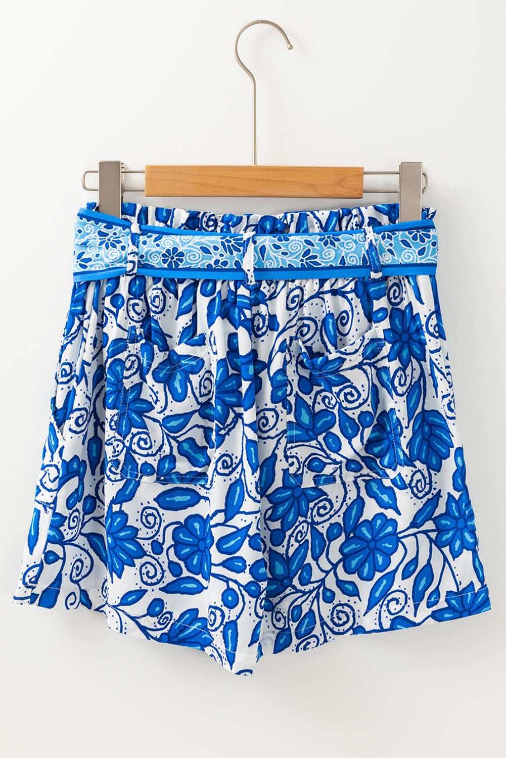 Blue Floral Print Pocketed Front Knot High Waist Casual Shorts