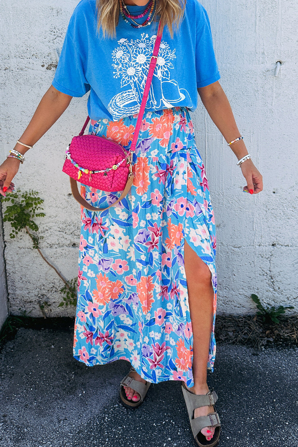 Sky Blue Floral Printed High Waist Split Wrap Long Skirt