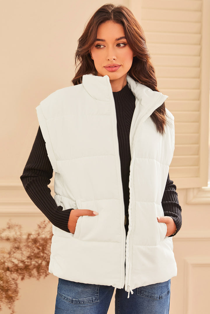 Beige Zipper Stand Neck Oversized Puffer Vest