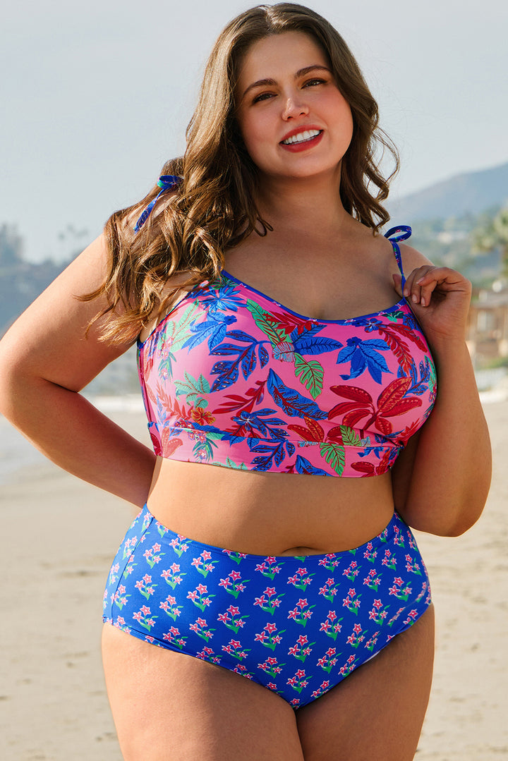 Blue Fashion Print Tied Straps Crop Vest and High Waist Plus Size Bikini