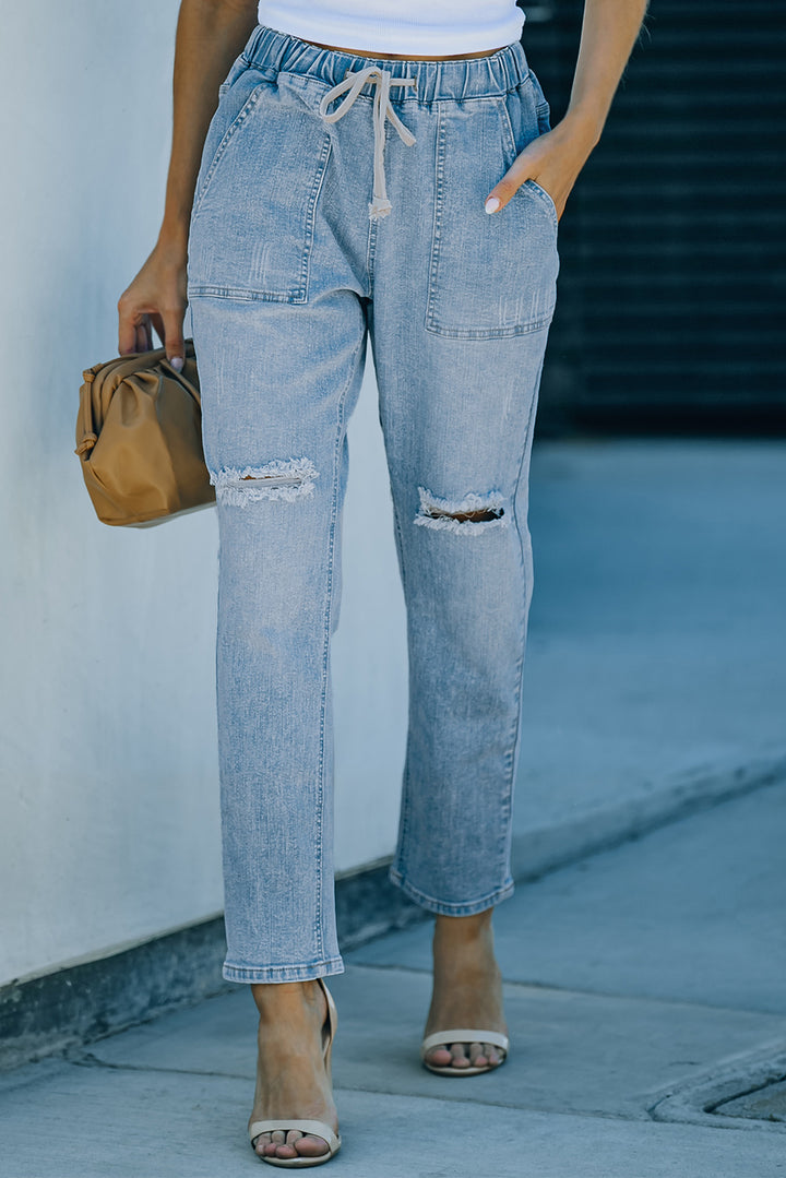 Sky Blue Gather Round Distressed Pocketed Denim Jogger