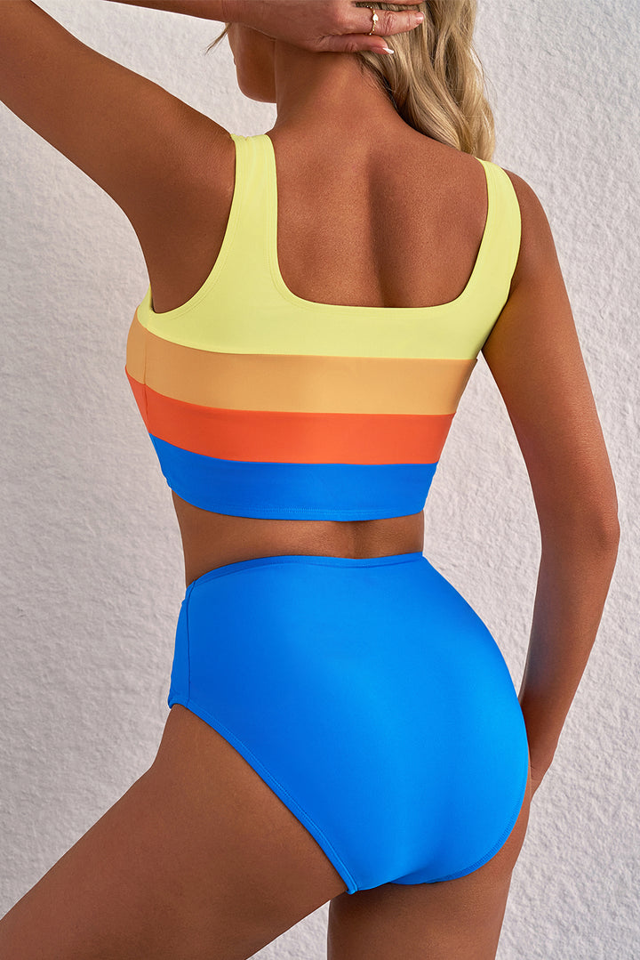 Blue Colorblock Square Neck Top Pleated High Waisted Bikini