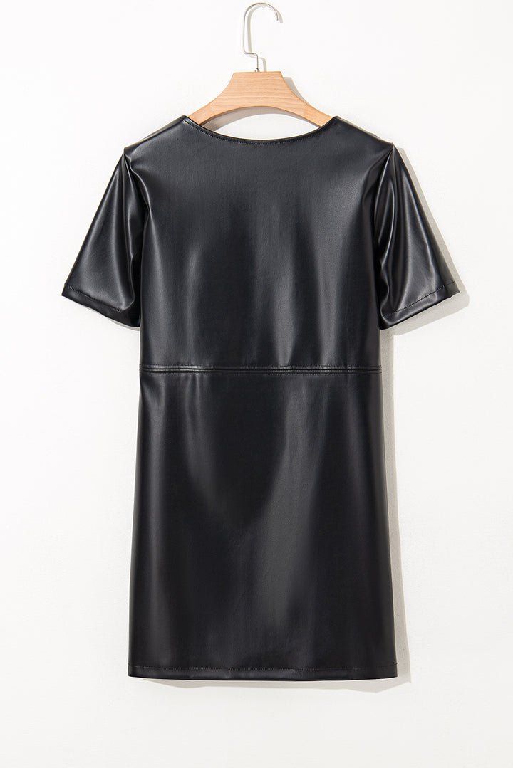 Black Faux Leather Loose T-shirt Dress